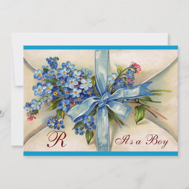 FLORAL STORK BABY SHOWER BLUE BOW FLOWERS MONOGRAM INVITATION (Front)