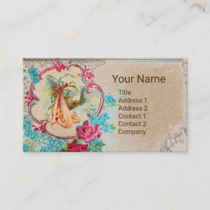 FLORAL STORK BABY SHOWER PINK ROSE MONOGRAM Kraft Business Card
