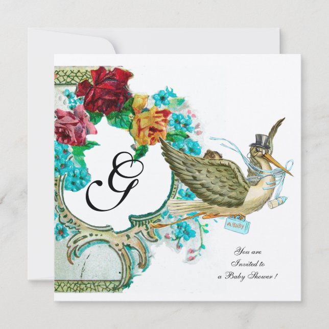 FLORAL STORK BOY BABY SHOWER MONOGRAM WITH ROSES INVITATION (Front)