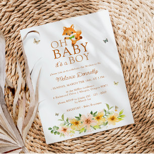 Floral Storybook Fox Oh Baby Boy Shower Invitation