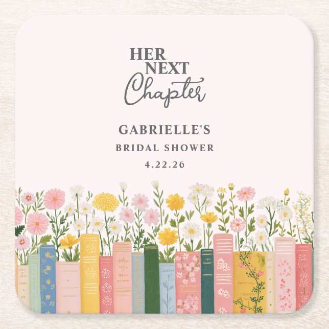Floral Storybook Her Next Chapter Bridal Shower  Square Paper Coaster (Front)