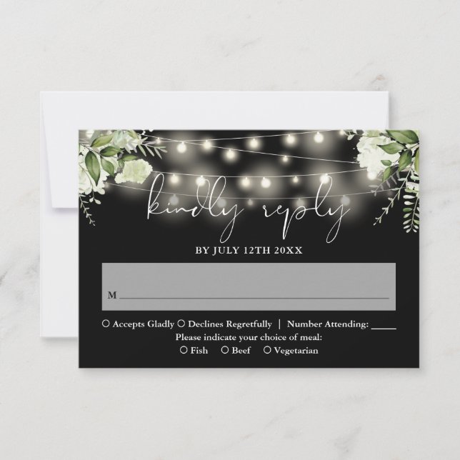 Floral String Lights Black And White Wedding RSVP Card (Front)