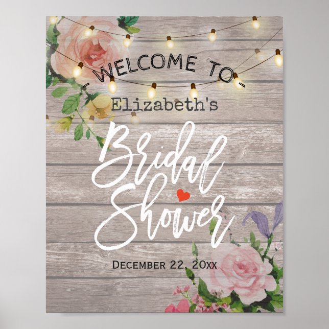 Floral String Lights Bridal Shower Welcome Sign (Front)