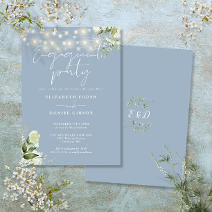 Floral String Lights Dusty Blue Engagement Party Invitation