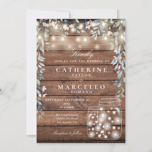 Floral String Lights Mason Jar Rustic Wood Wedding Invitation (Front)