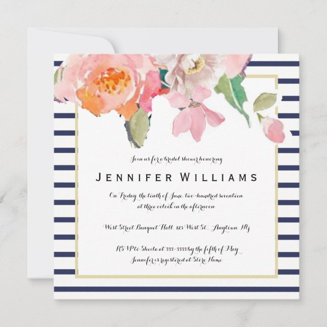 Floral stripe bridal shower invitations (Front)