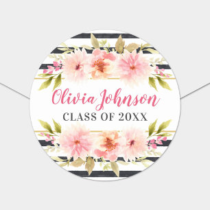 Floral Stripe Graduation Name Class of 2026 Classic Round Sticker