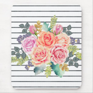 Floral Stripe Pattern Trendy Rose Mouse Pad