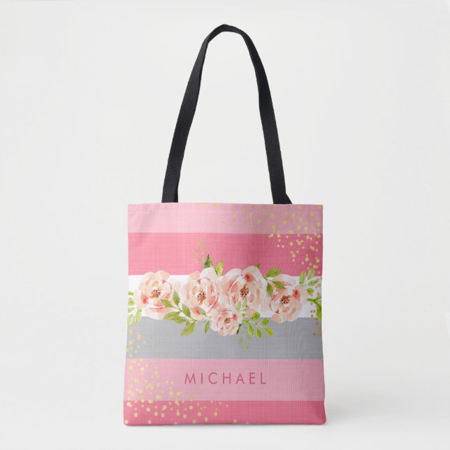 Floral Stripe Pink Peony Ranunculus Faux Gold Foil Tote Bag (Front)
