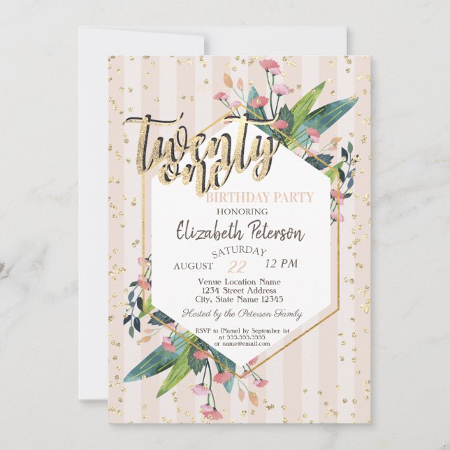 Floral Striped 21st Birthday Party Invitation (Front)