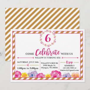 Floral Striped Girly Birthday Party Invitation
