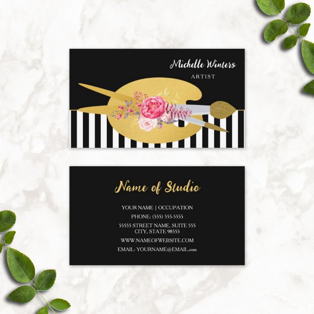 Floral Stripes Artist With Faux Gold Paint Brush Business Card (Floral Stripes Artist With Faux Gold Paint Brush Business Cards)