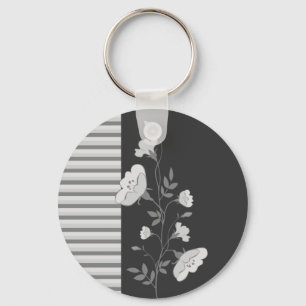 Floral Stripes B&W Keychain