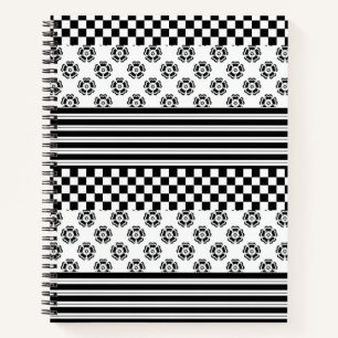 Floral Stripes Chequered Boho Black and White Notebook