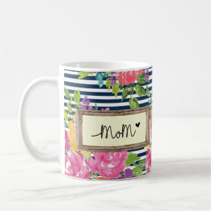 Floral Stripes Design With Mum Message and Flowers Coffee Mug