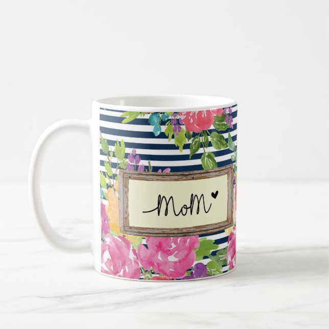 Floral Stripes Design With Mum Message and Flowers Coffee Mug (Left)