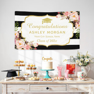 Floral Stripes Glam Congrats Grad Graduation Party Banner
