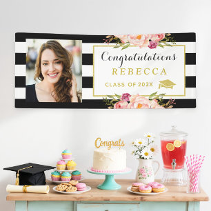Floral Stripes Glam Congrats Grad Graduation Photo Banner