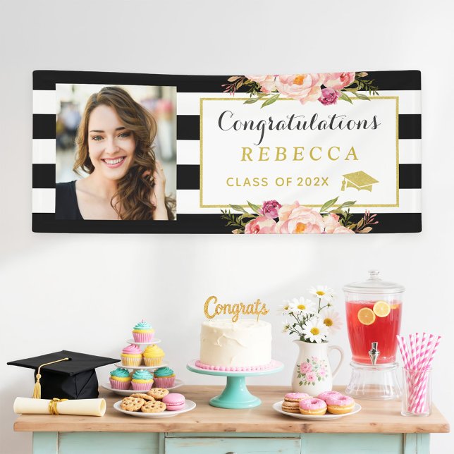 Floral Stripes Glam Congrats Grad Graduation Photo Banner (Creator Uploaded)