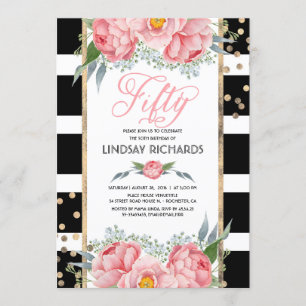 Floral Stripes Modern Gold Decor 50 Birthday Party Invitation