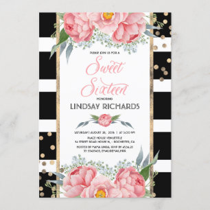Floral Stripes Modern Gold Decor Sweet 16 Birthday Invitation