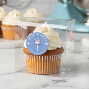 Floral Style Bakery Cake & Stand Logo Blue Classic Round Sticker