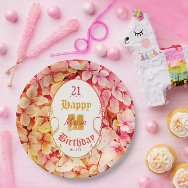 Floral Stylish Elegant Modern 21st Birthday Party Paper Plate (Party)