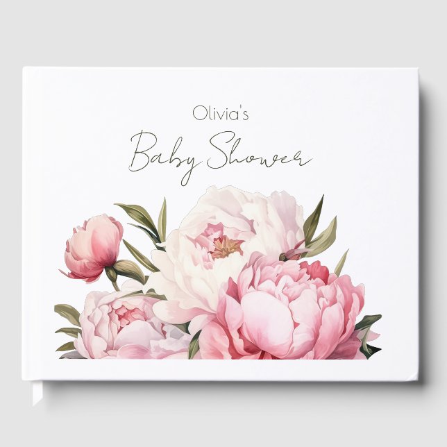 FLORAL SUBTLE SOFT BLUSH PINK PEONIES BABY SHOWER GUEST BOOK (Front)