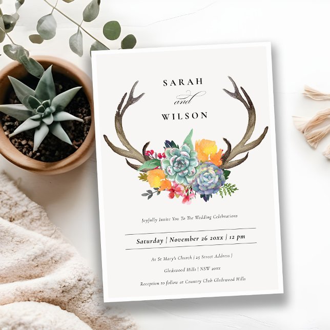 FLORAL SUCCULENT ANTLER BOHEMIAN ALLURE WEDDING INVITATION (Creator Uploaded)