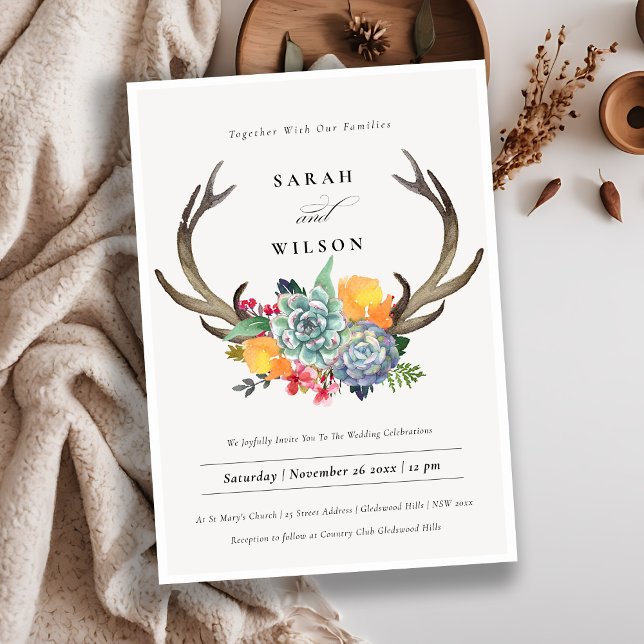 FLORAL SUCCULENT ANTLER BOHEMIAN ALLURE WEDDING INVITATION (Creator Uploaded)