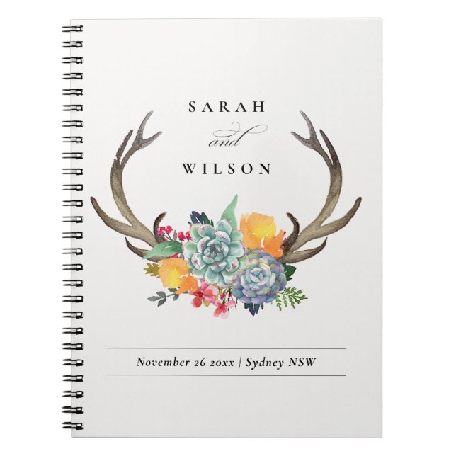 FLORAL SUCCULENT ANTLER BOHEMIAN ALLURE  WEDDING NOTEBOOK (Front)