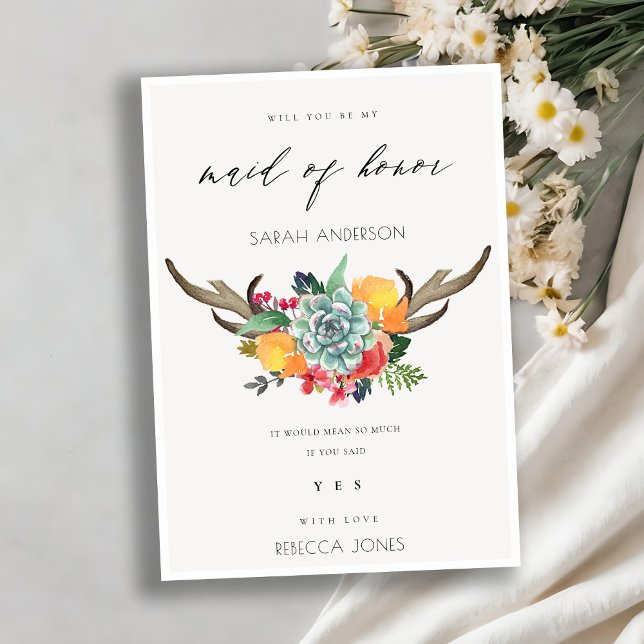 FLORAL SUCCULENT ANTLER BOHEMIAN MAID OF HONOR INVITATION (Creator Uploaded)