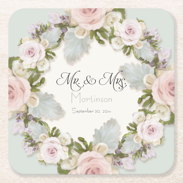 Floral  Succulent Rose Foliage Mr and Mrs Wedding Square Paper Coaster (Front)