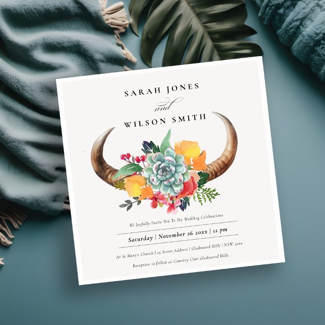 Floral Succulent Steer Horns Boho Allure Wedding Invitation (Creator Uploaded)