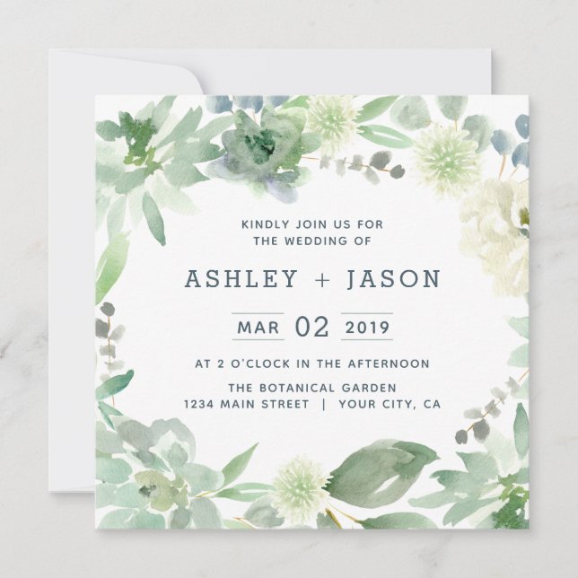 Floral Succulents Square Wedding Invitation (Front)