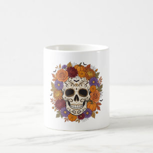 Floral Sugar Skull and Autumn Pumpkin Day Coffee Mug