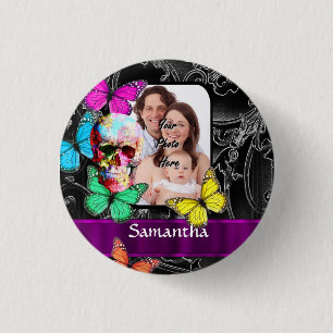 Floral sugar skull and butterflies 3 cm round badge