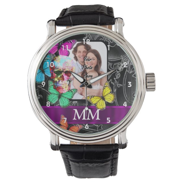 Floral sugar skull, butterflies and monogram watch (Front)