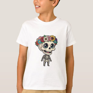 Floral Sugar Skull Chibi Skeleton Kids T-Shirt