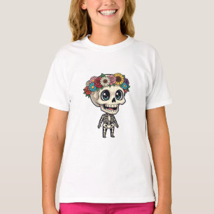 Floral Sugar Skull Chibi Skeleton Kids T-Shirt