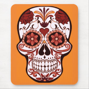 Floral Sugar Skull Day of the Dead Art Orange Mouse Pad