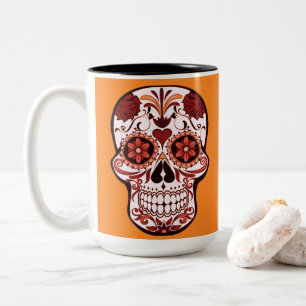 Floral Sugar Skull Day of the Dead Art Orange Two-Tone Coffee Mug