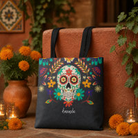 Floral Sugar Skull Day of the Dead Black