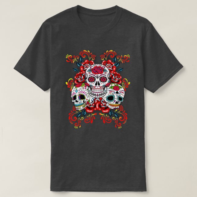Floral Sugar Skull Day of the Dead Dia De Muertos  T-Shirt (Design Front)