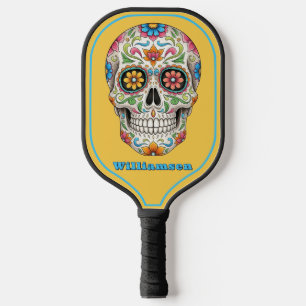 Floral Sugar Skull Day of the Dead, Orange Pickleball Paddle