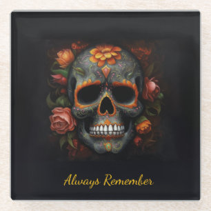 Floral Sugar Skull Dia de los Muertos Calavera Glass Coaster