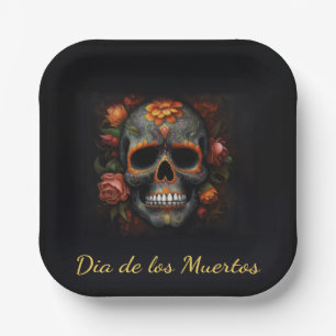 Floral Sugar Skull Dia de los Muertos Calavera Paper Plate
