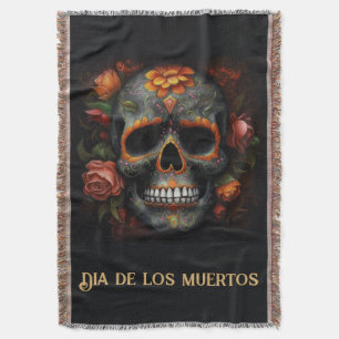 Floral Sugar Skull Dia de los Muertos Calavera Throw Blanket