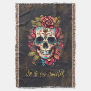 Floral Sugar Skull Día de los Muertos Spanish Throw Blanket