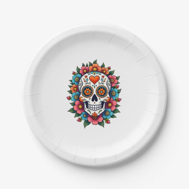 Floral Sugar Skull Dia De Muertos Day of The Dead  Paper Plate (Front)